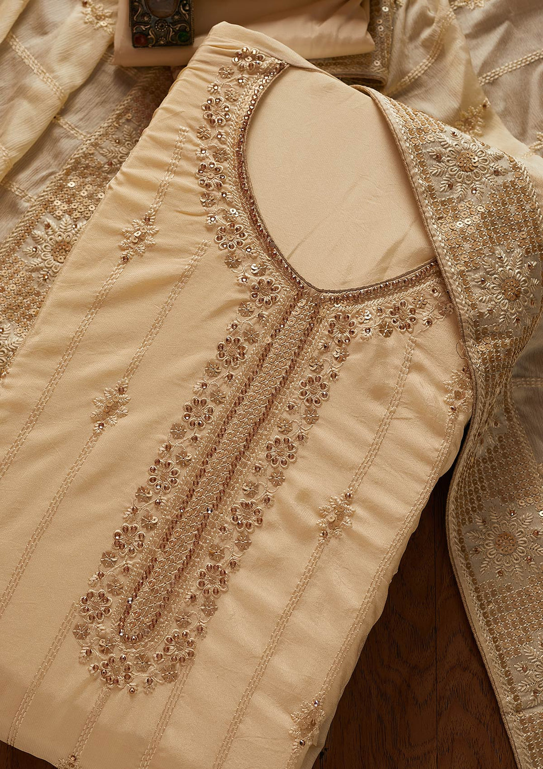 Gold Threadwork Semi Crepe Designer Unstitched Salwar Suit - koskii