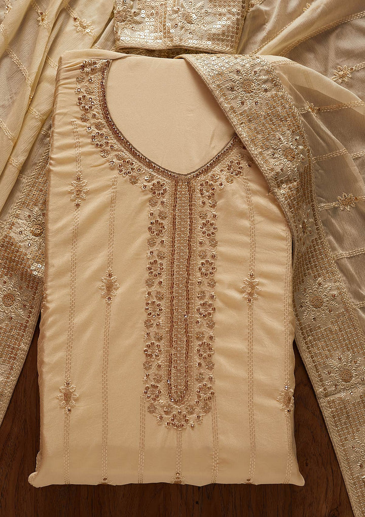 Gold Threadwork Semi Crepe Designer Unstitched Salwar Suit - koskii
