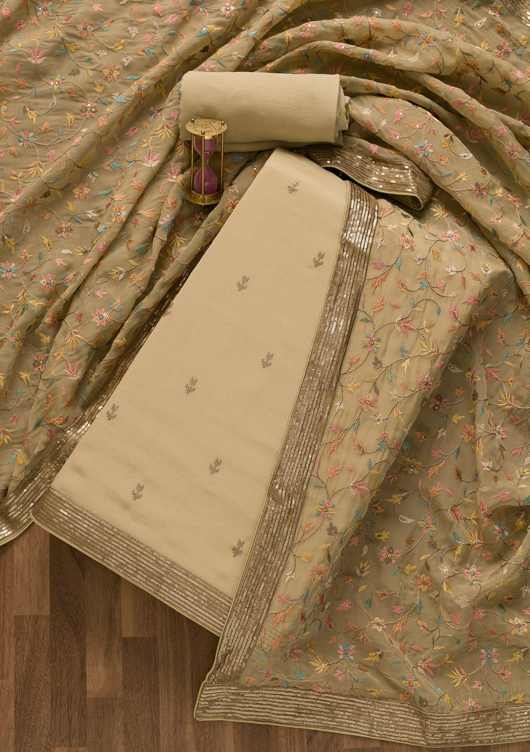 Gold Threadwork Semi Crepe Unstitched Salwar Kameez-Koskii