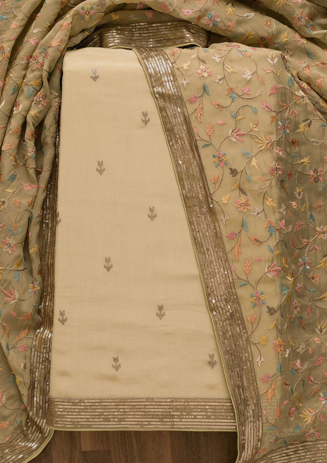 Gold Threadwork Semi Crepe Unstitched Salwar Kameez-Koskii