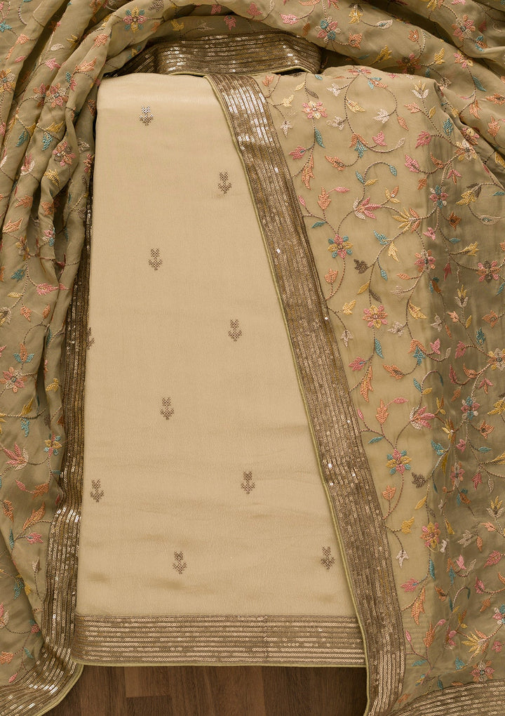 Gold Threadwork Semi Crepe Unstitched Salwar Kameez-Koskii
