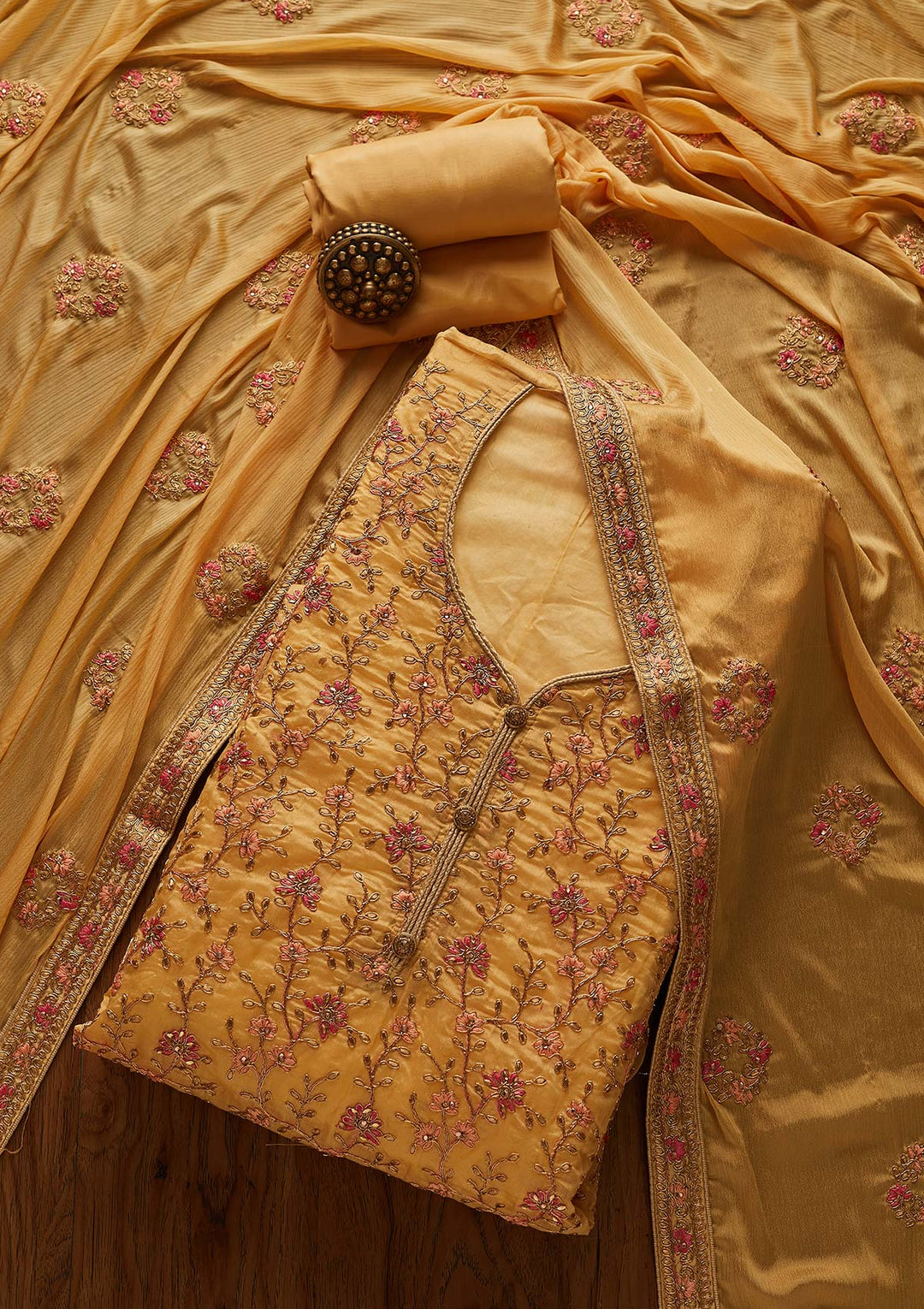 Gold Zariwork Art Silk Designer Unstitched Salwar Suit - Koskii