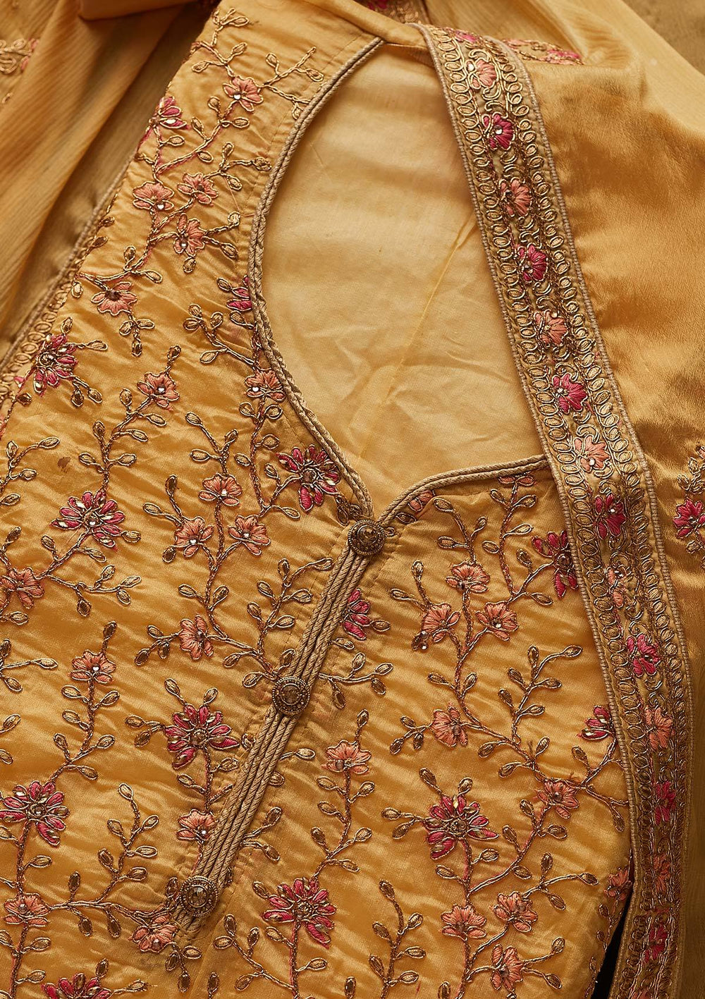 Gold Zariwork Art Silk Designer Unstitched Salwar Suit - Koskii
