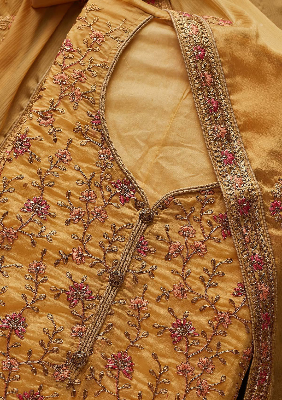 Gold Zariwork Art Silk Designer Unstitched Salwar Suit - Koskii