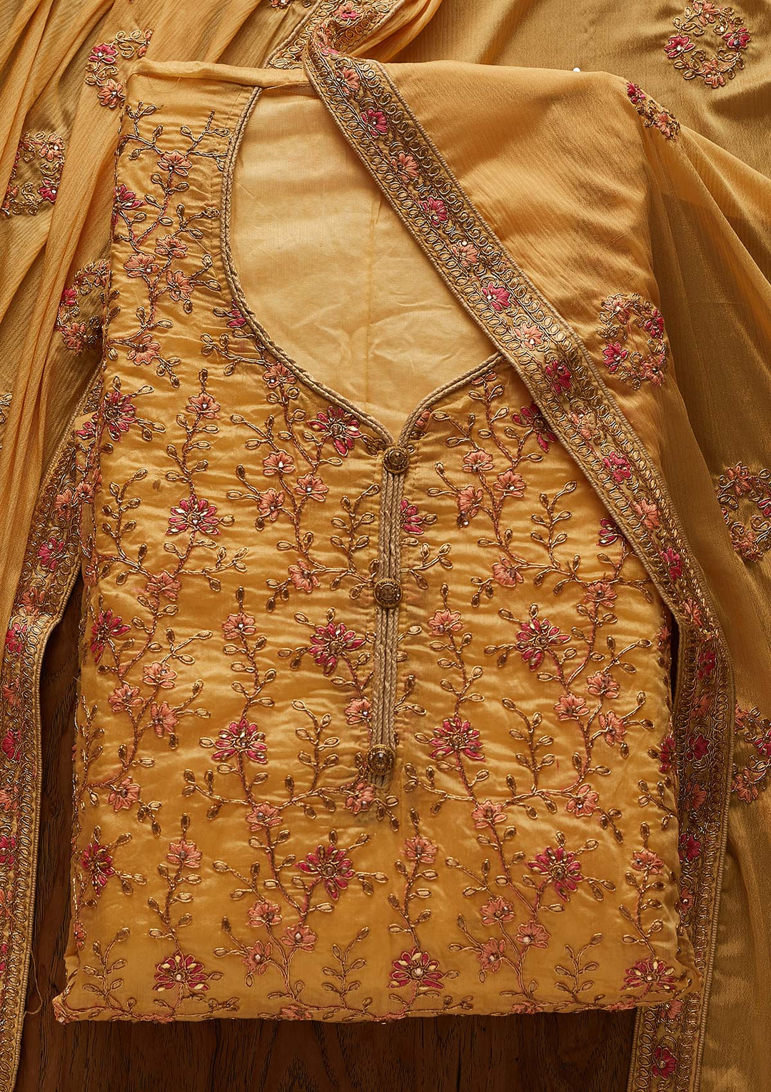 Gold Zariwork Art Silk Designer Unstitched Salwar Suit - Koskii