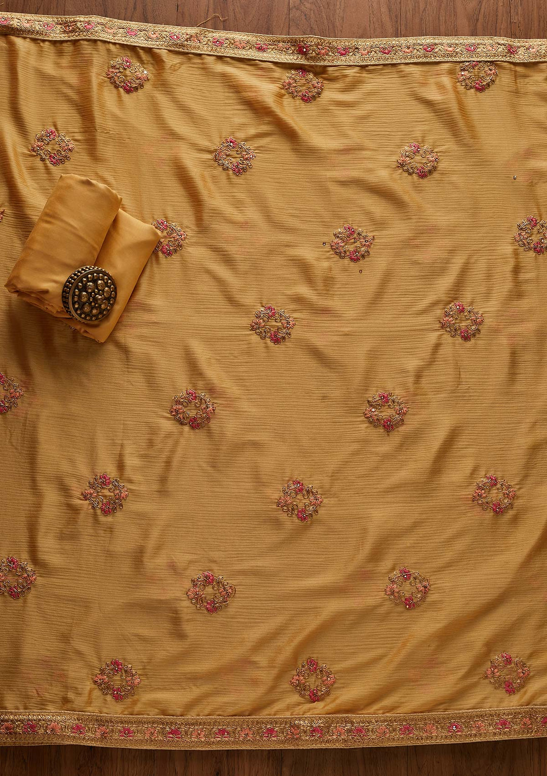 Gold Zariwork Art Silk Designer Unstitched Salwar Suit - Koskii