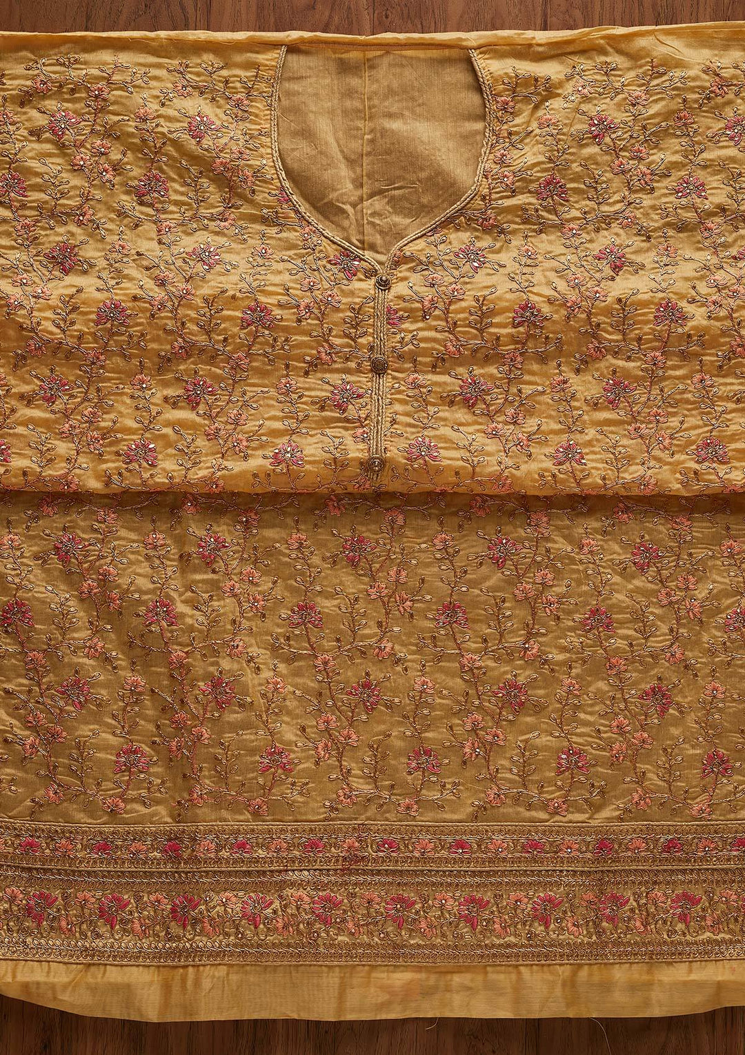 Gold Zariwork Art Silk Designer Unstitched Salwar Suit - Koskii