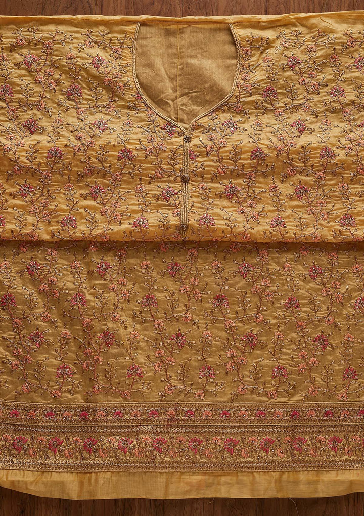 Gold Zariwork Art Silk Designer Unstitched Salwar Suit - Koskii