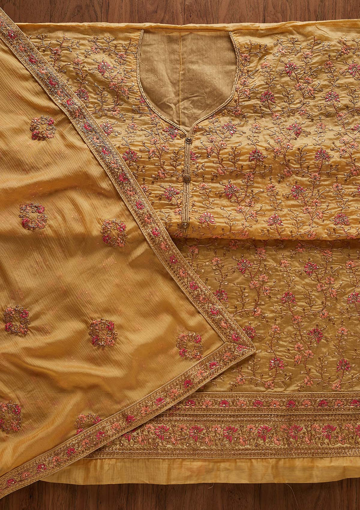 Gold Zariwork Art Silk Designer Unstitched Salwar Suit - Koskii