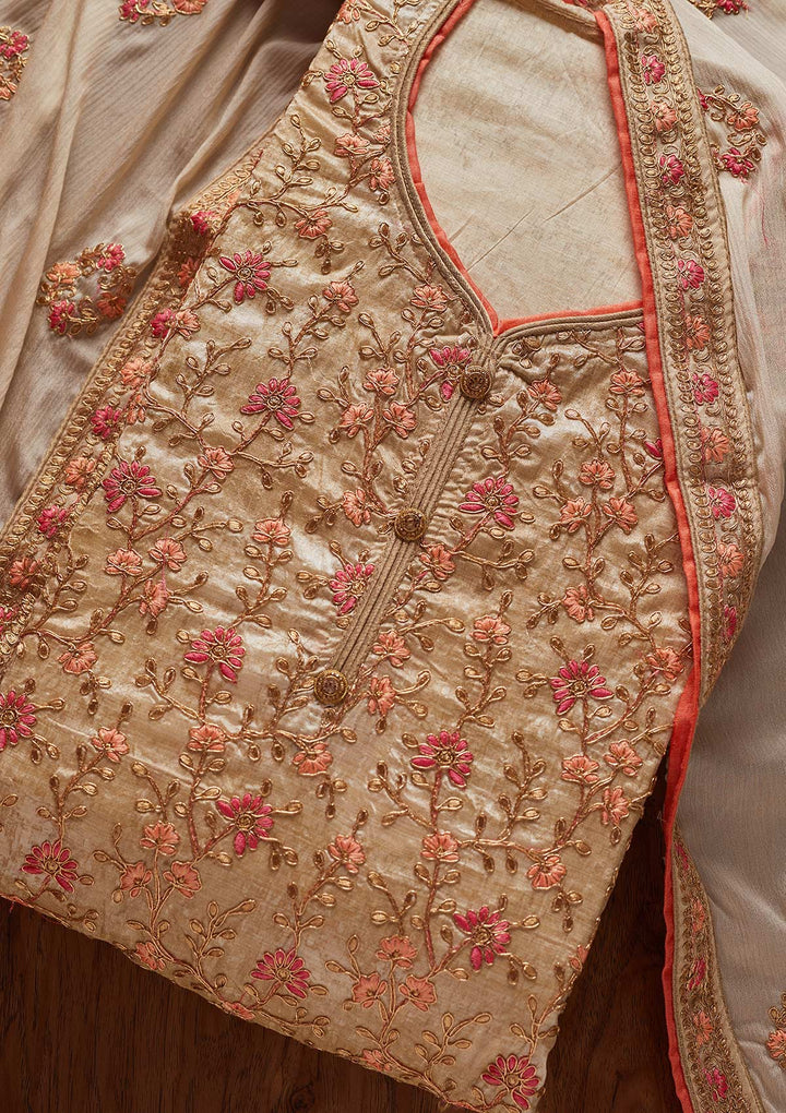Gold Zariwork Art Silk Designer Unstitched Salwar Suit - koskii