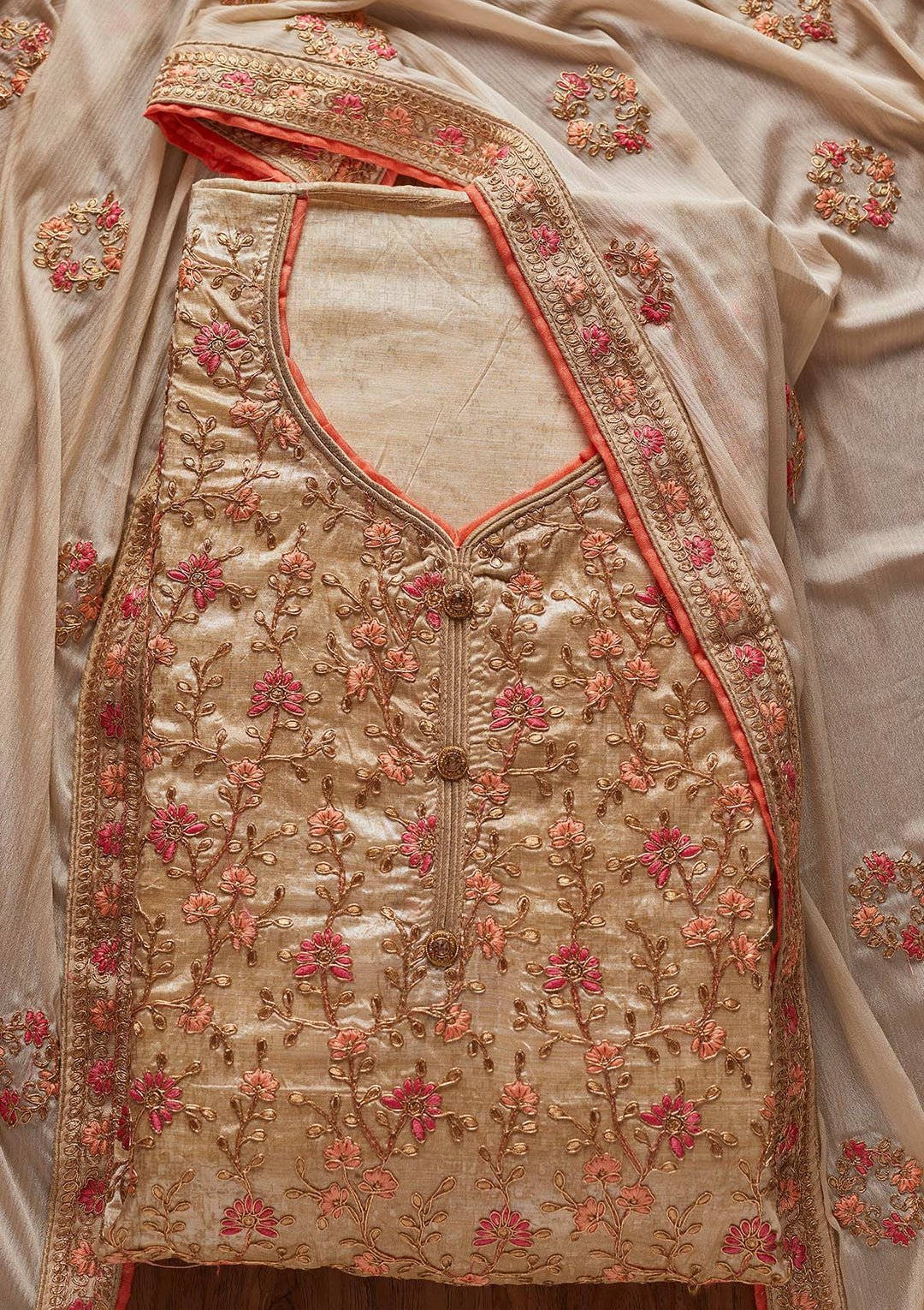 Gold Zariwork Art Silk Designer Unstitched Salwar Suit - koskii