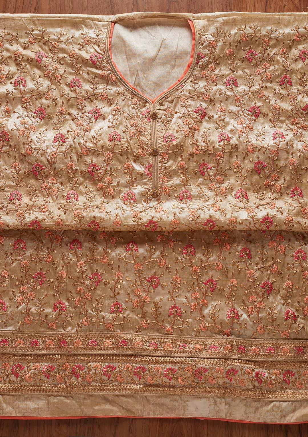 Gold Zariwork Art Silk Designer Unstitched Salwar Suit - koskii