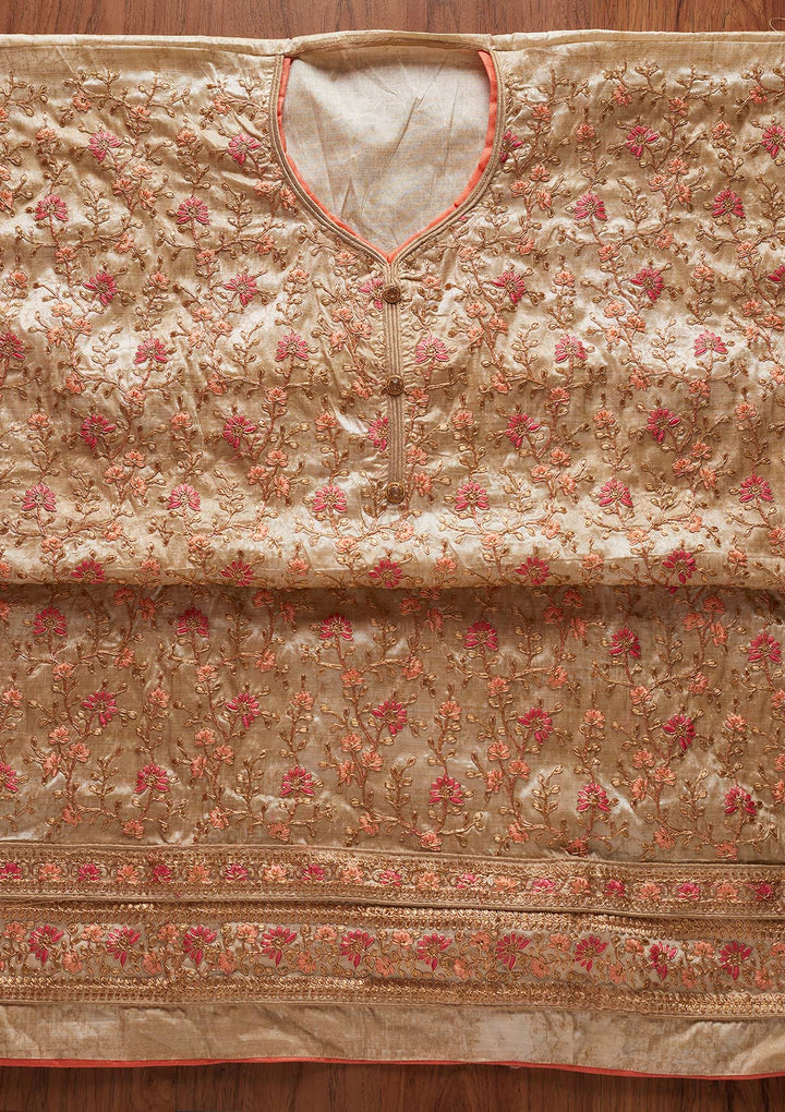 Gold Zariwork Art Silk Designer Unstitched Salwar Suit - koskii