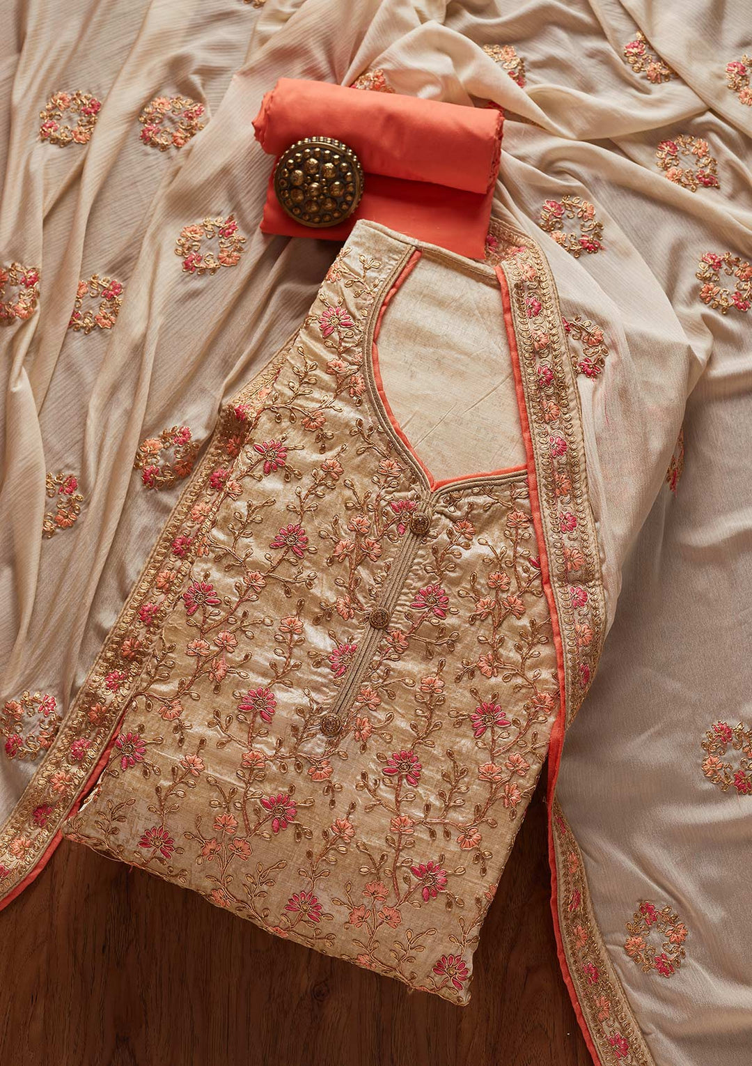 Gold Zariwork Art Silk Designer Unstitched Salwar Suit - koskii