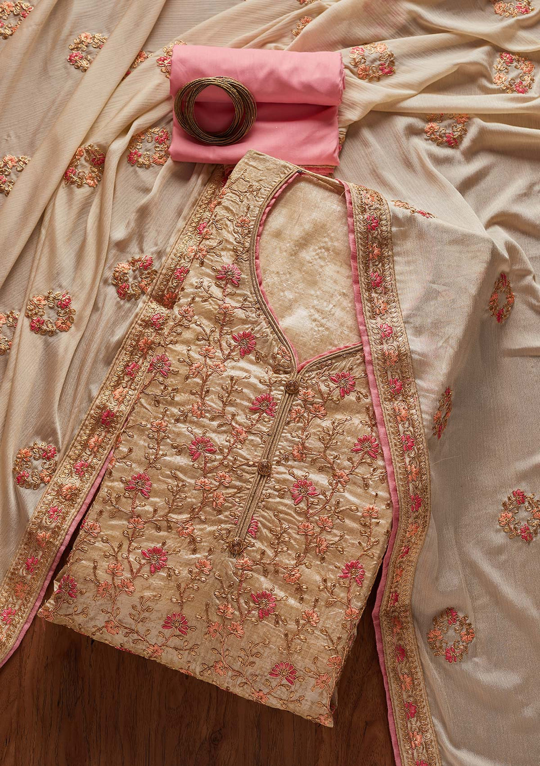 Gold Zariwork Art Silk Designer Unstitched Salwar Suit - koskii