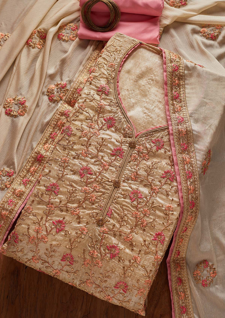 Gold Zariwork Art Silk Designer Unstitched Salwar Suit - koskii