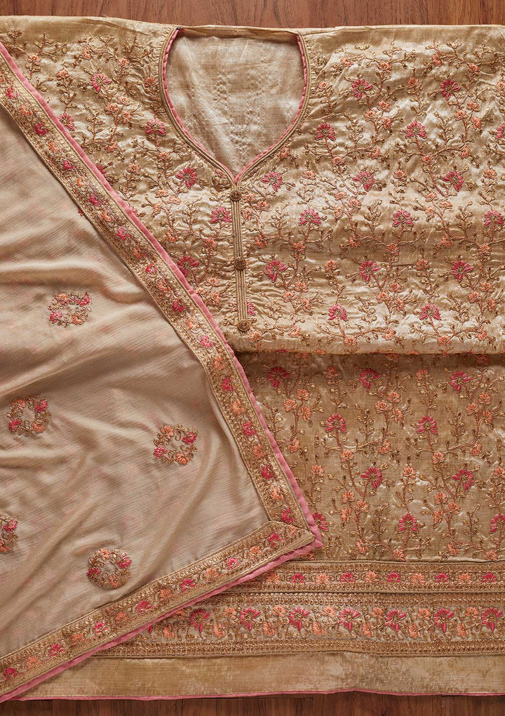 Gold Zariwork Art Silk Designer Unstitched Salwar Suit - koskii