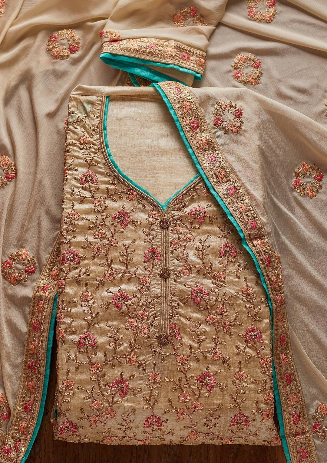 Gold Zariwork Art Silk Designer Unstitched Salwar Suit - koskii