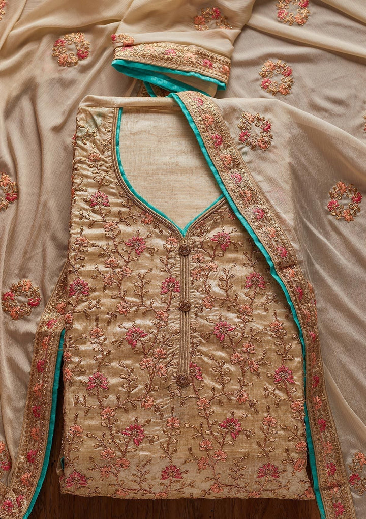 Gold Zariwork Art Silk Designer Unstitched Salwar Suit - koskii