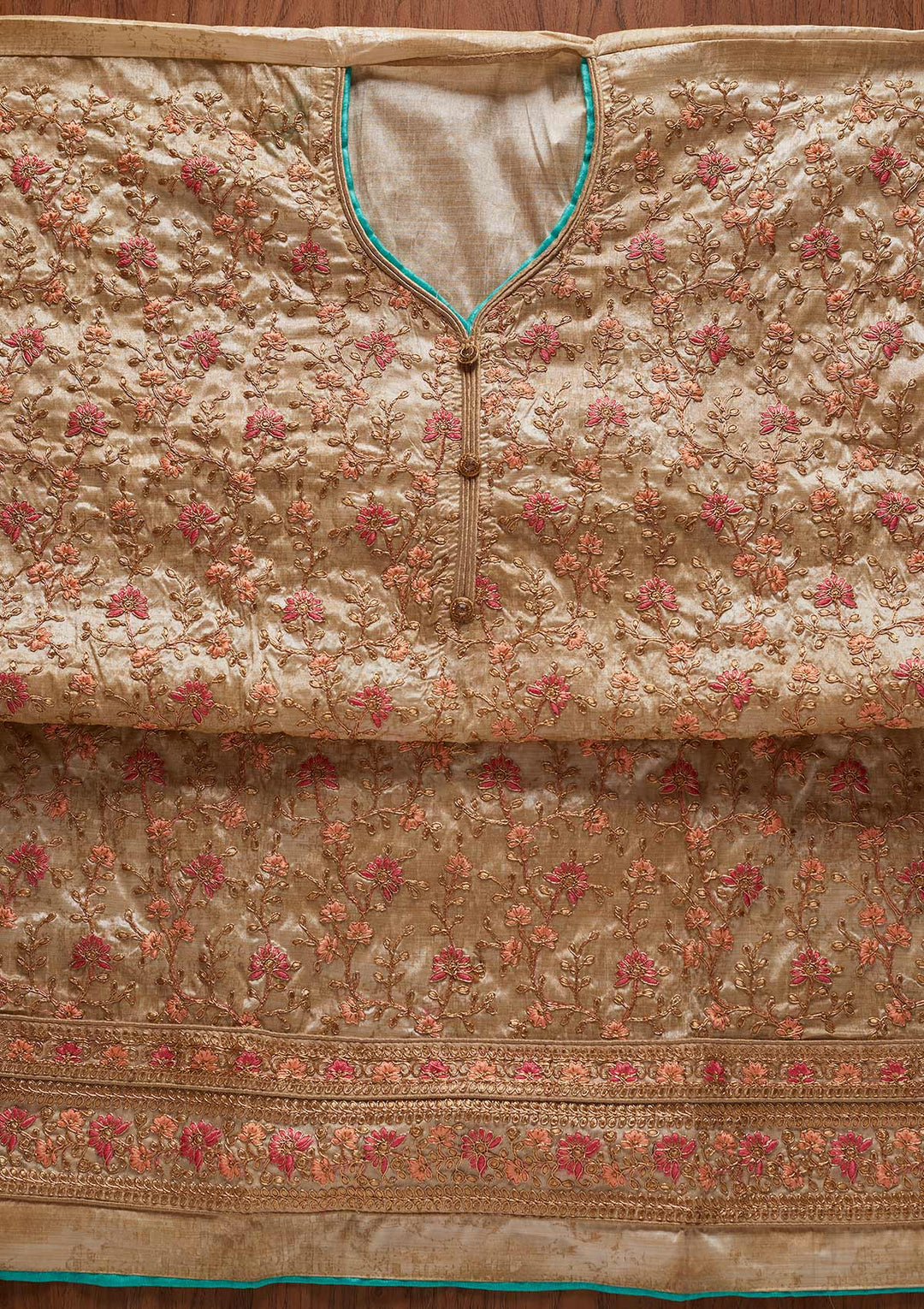 Gold Zariwork Art Silk Designer Unstitched Salwar Suit - koskii