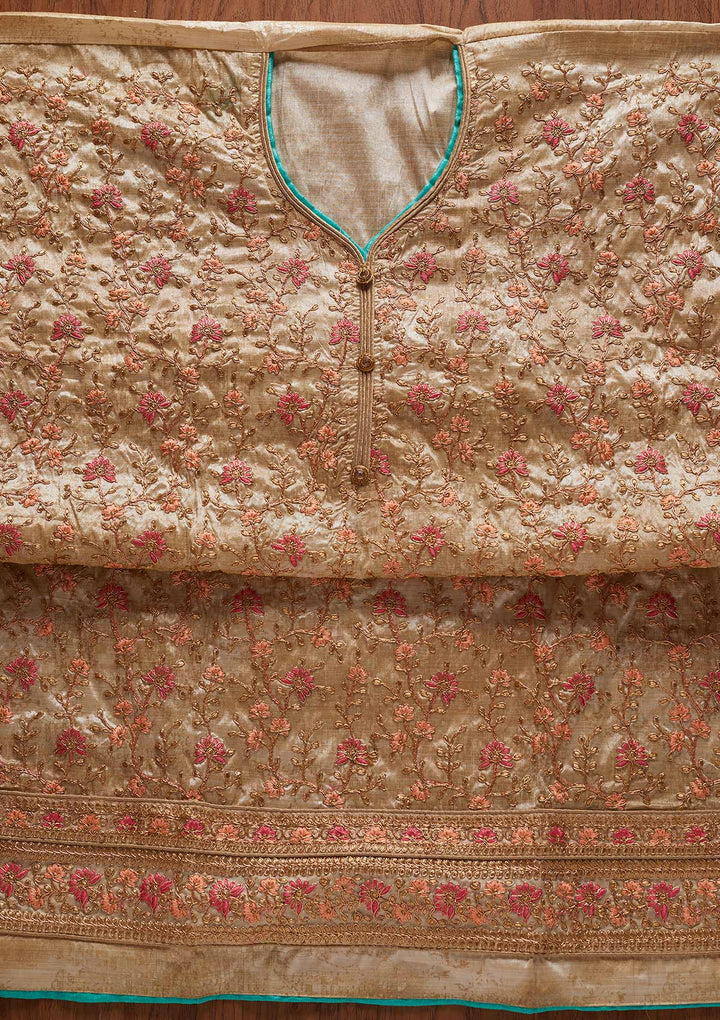 Gold Zariwork Art Silk Designer Unstitched Salwar Suit - koskii