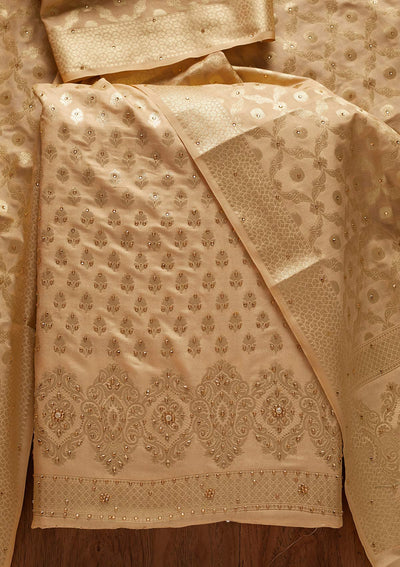 Gold Zariwork Banarasi Designer Unstitched Salwar Suit - koskii