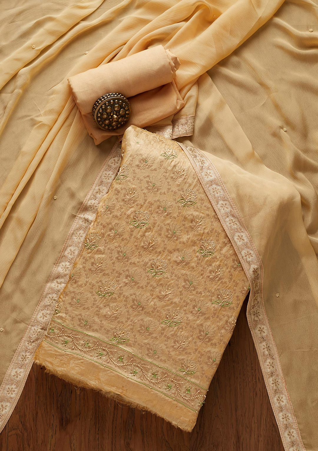 Gold Zariwork Brocade Designer Unstitched Salwar Suit - koskii