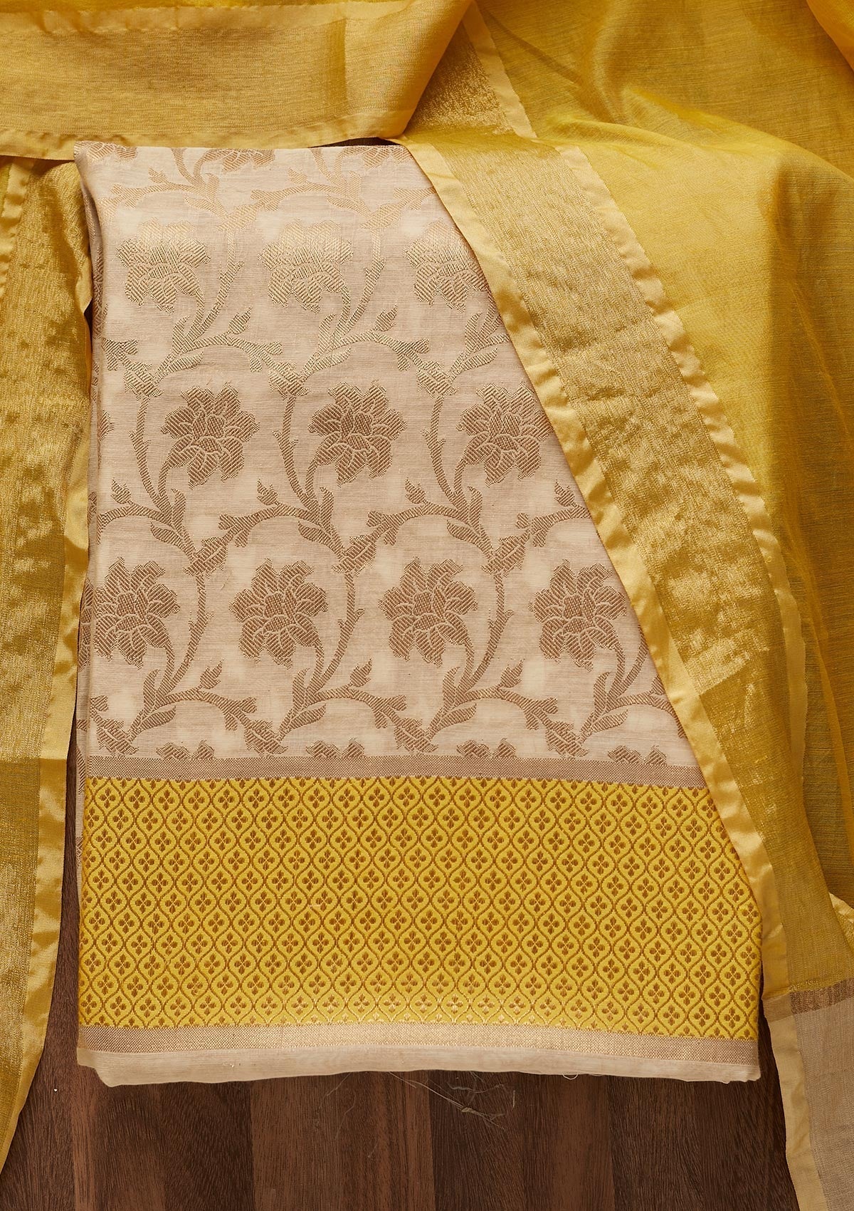 Gold Zariwork Brocade Unstitched Salwar Suit - Koskii