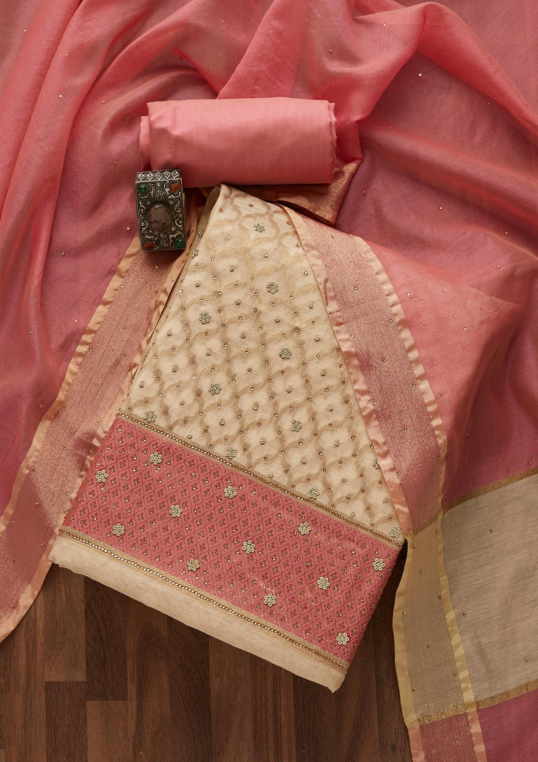 Gold Zariwork Brocade Unstitched Salwar Suit- Koskii