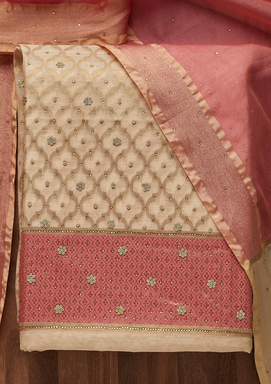 Gold Zariwork Brocade Unstitched Salwar Suit - Koskii