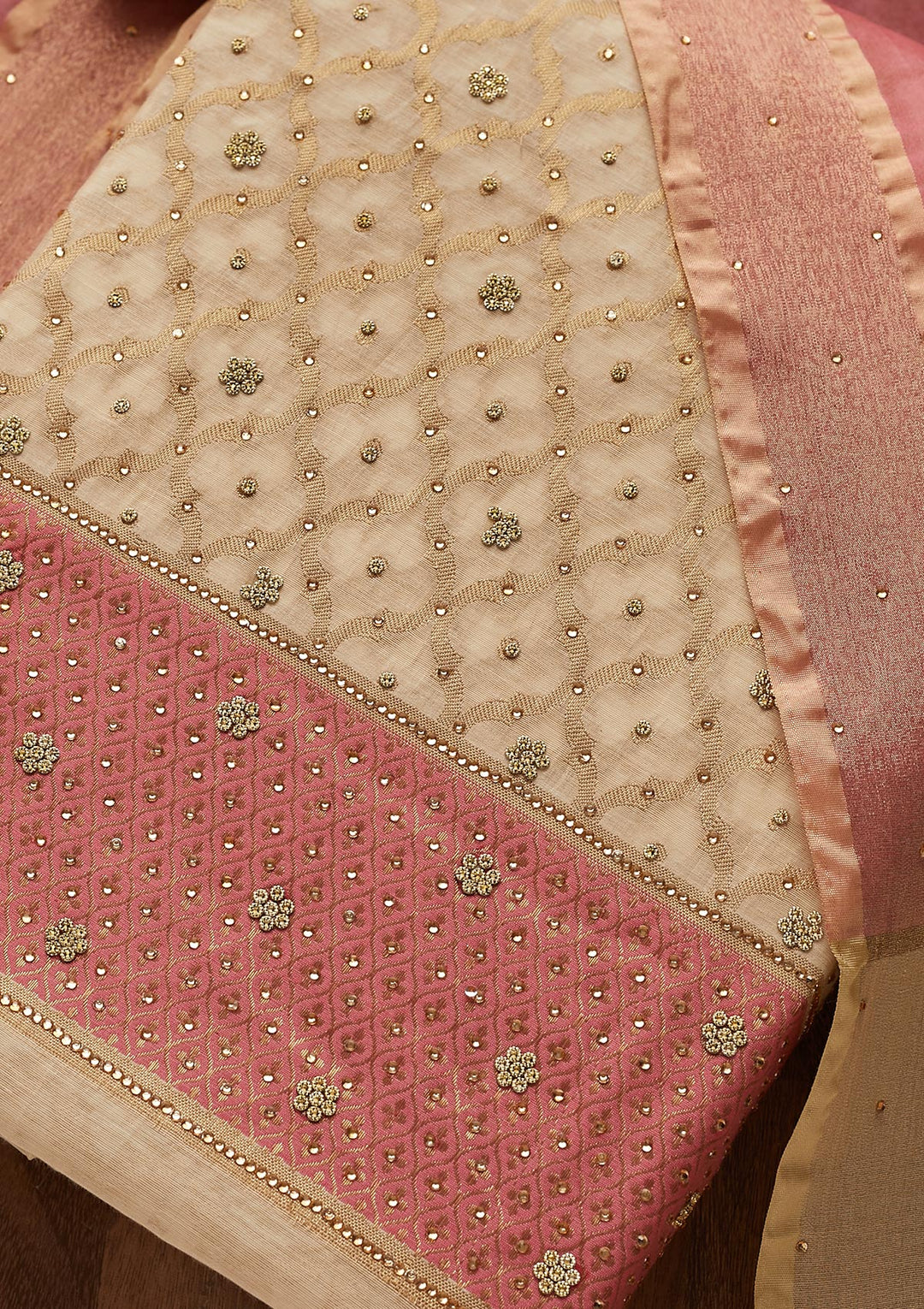 Gold Zariwork Brocade Unstitched Salwar Suit - Koskii