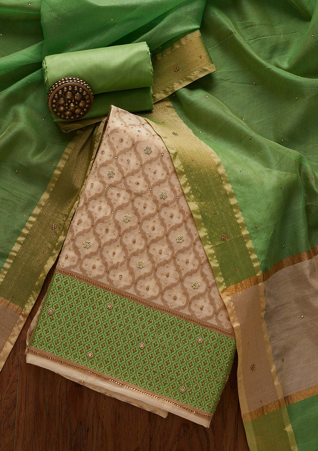 Gold Zariwork Brocade Designer Unstitched Salwar Suit - Koskii