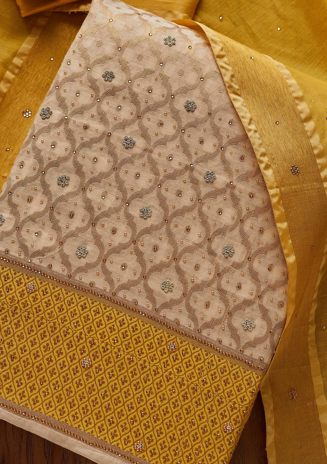 Gold Zariwork Brocade Designer Unstitched Salwar Suit - Koskii