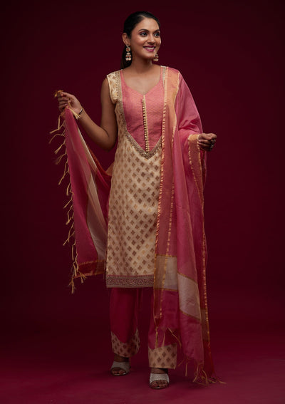 Gold Zariwork Chanderi Designer Salwar Suit - Koskii