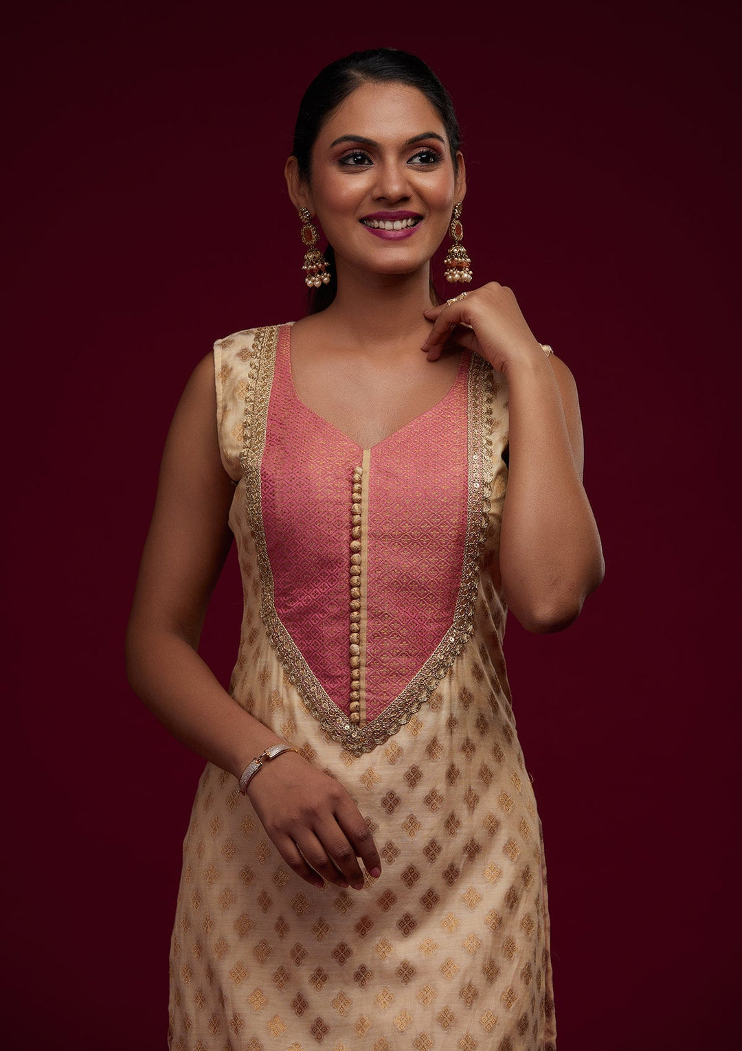 Buy Gold Zariwork Chanderi Salwar Kameez - Koskii