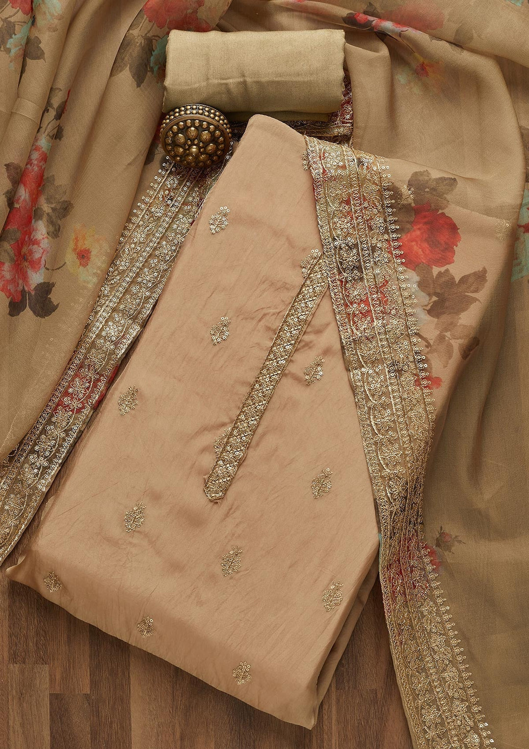 Gold Zariwork Chanderi Unstitched Salwar Suit- Koskii