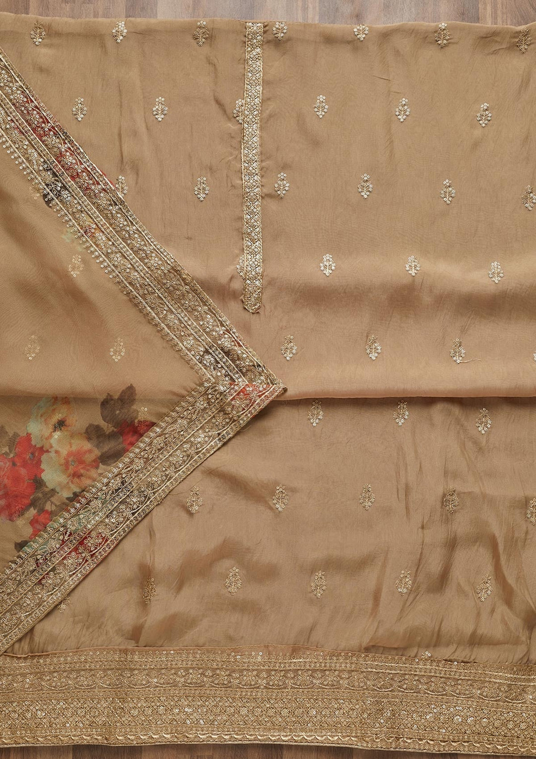 Gold Zariwork Chanderi Unstitched Salwar Suit - Koskii