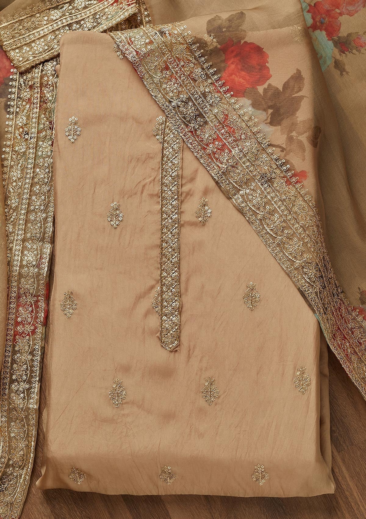 Gold Zariwork Chanderi Unstitched Salwar Suit - Koskii