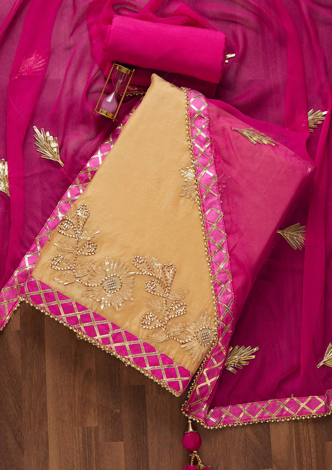 Gold Zariwork Chanderi Unstitched Salwar Suit-Koskii