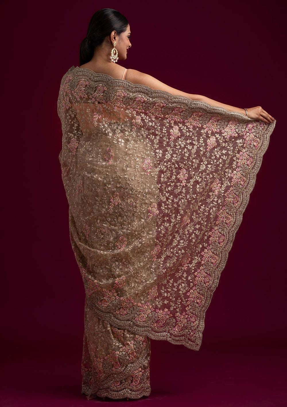 Gold Zariwork Net Designer Saree - koskii