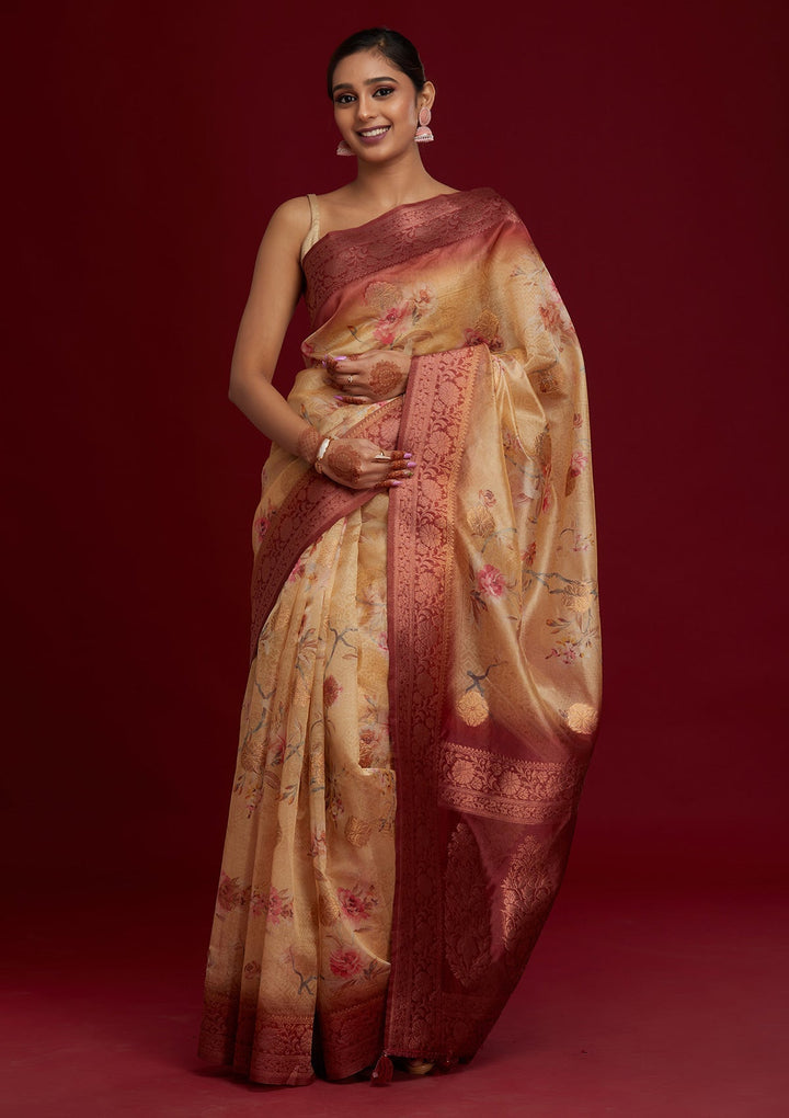 Gold Zariwork Taffeta Silk Saree- Koskii