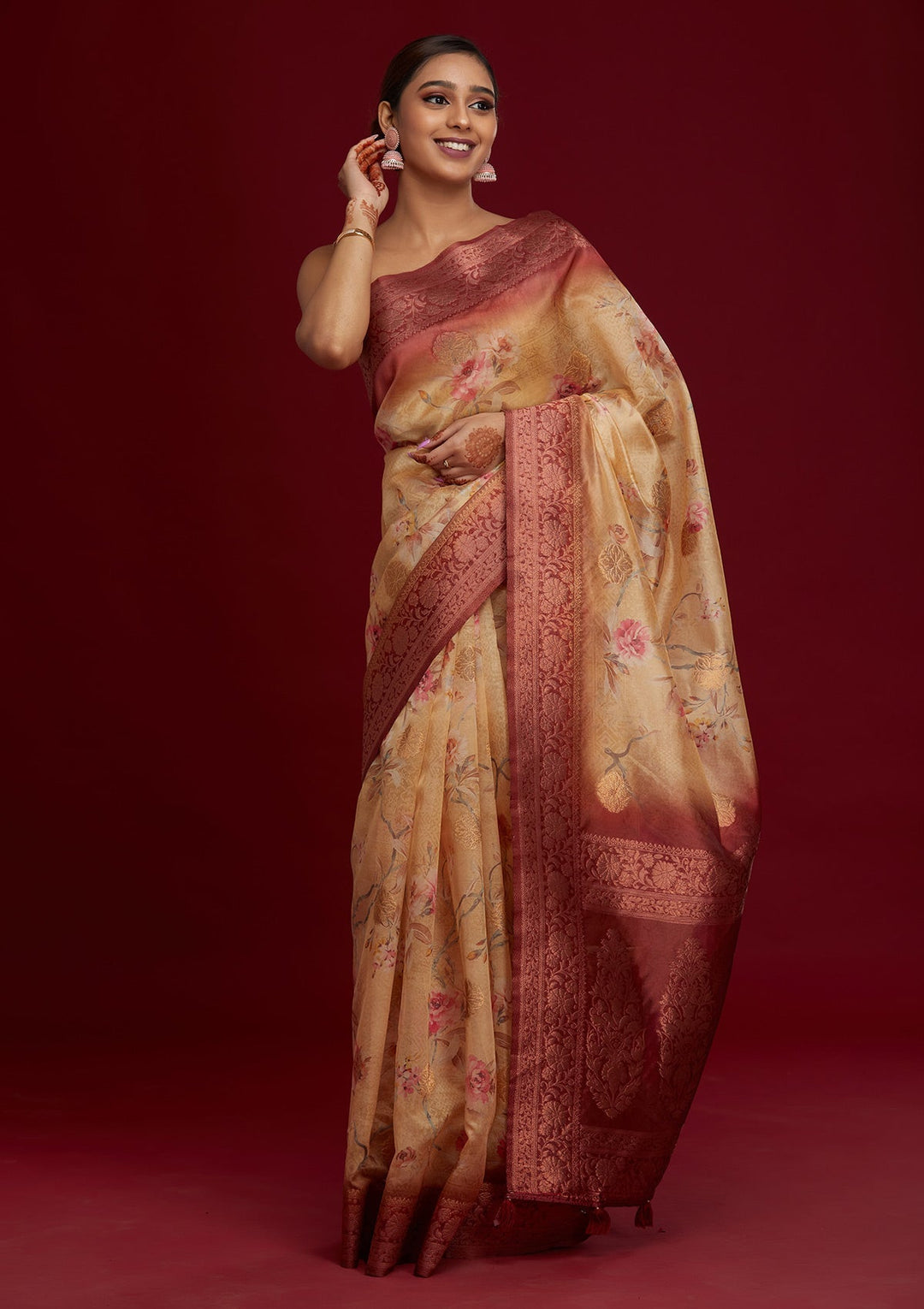 Gold Zariwork Taffeta Silk Saree - Koskii