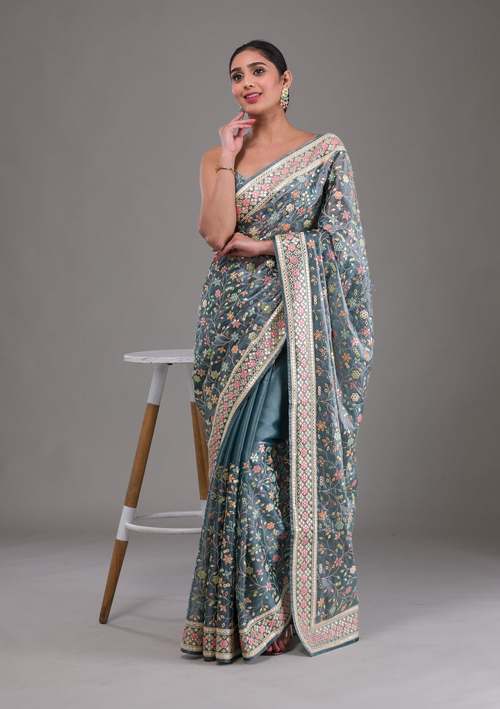 Gray Threadwork Shimmer Saree-Koskii