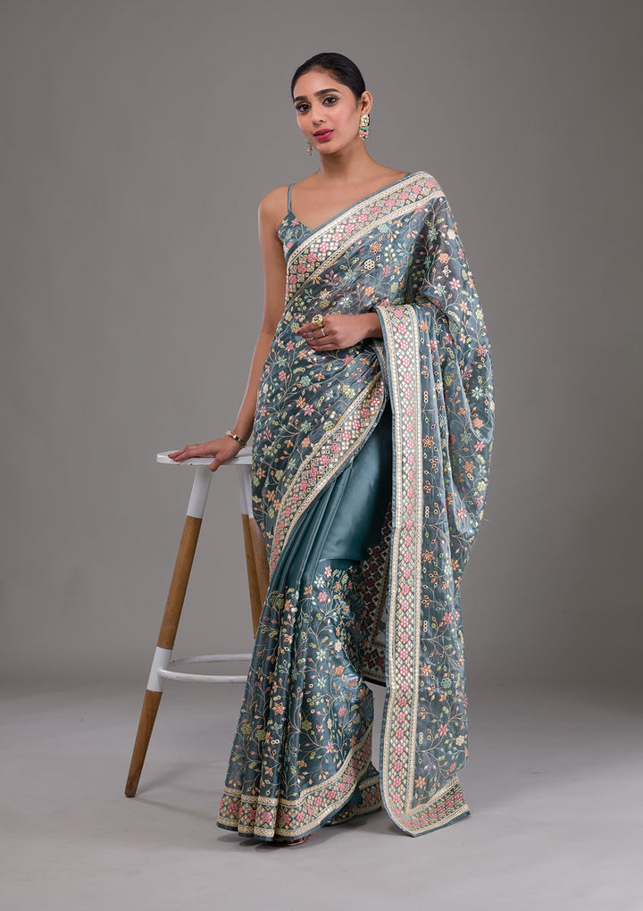 Gray Threadwork Shimmer Saree-Koskii