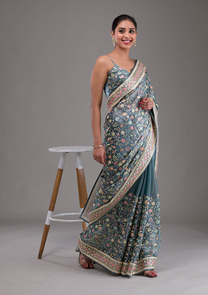 Gray Threadwork Shimmer Saree-Koskii