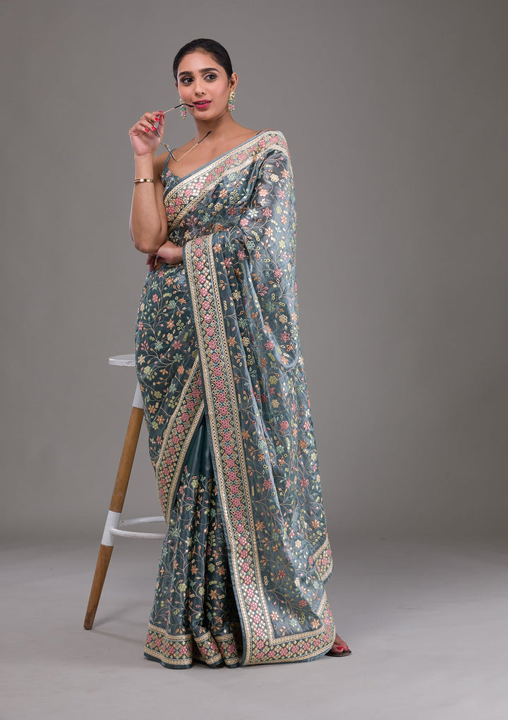 Gray Threadwork Shimmer Saree-Koskii
