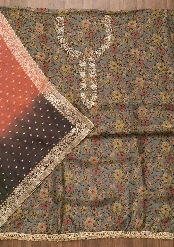 Grey Printed Organza Unstitched Salwar Kameez-Koskii