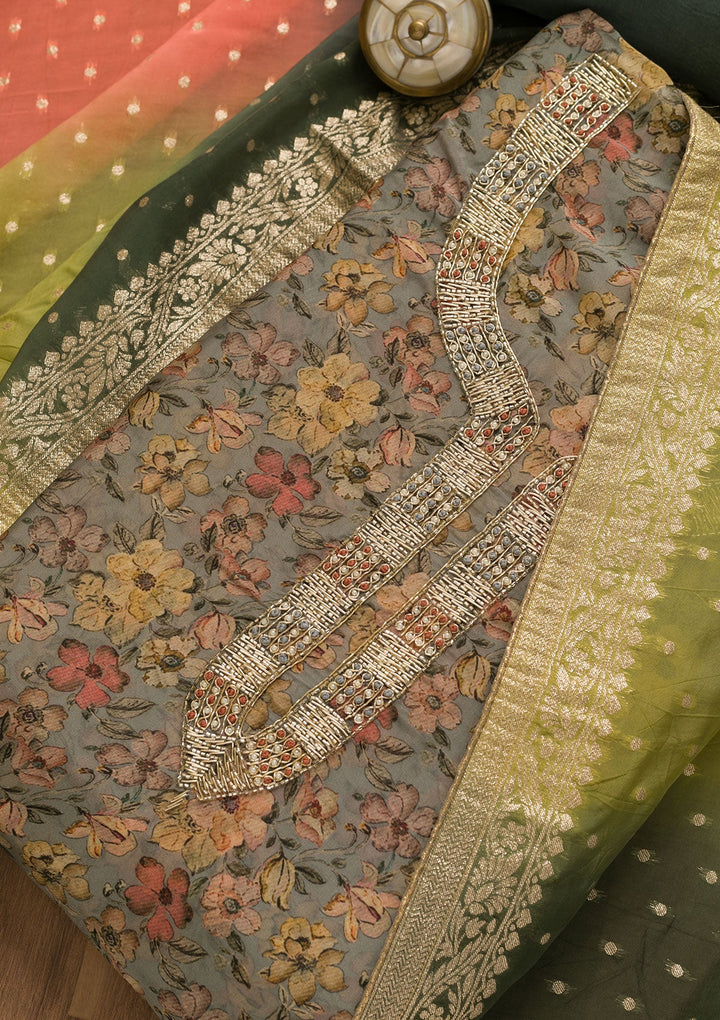 Grey Printed Organza Unstitched Salwar Kameez-Koskii
