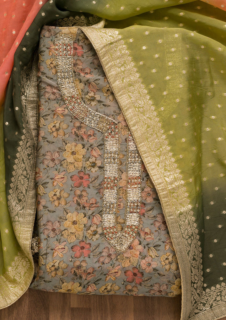 Grey Printed Organza Unstitched Salwar Kameez-Koskii