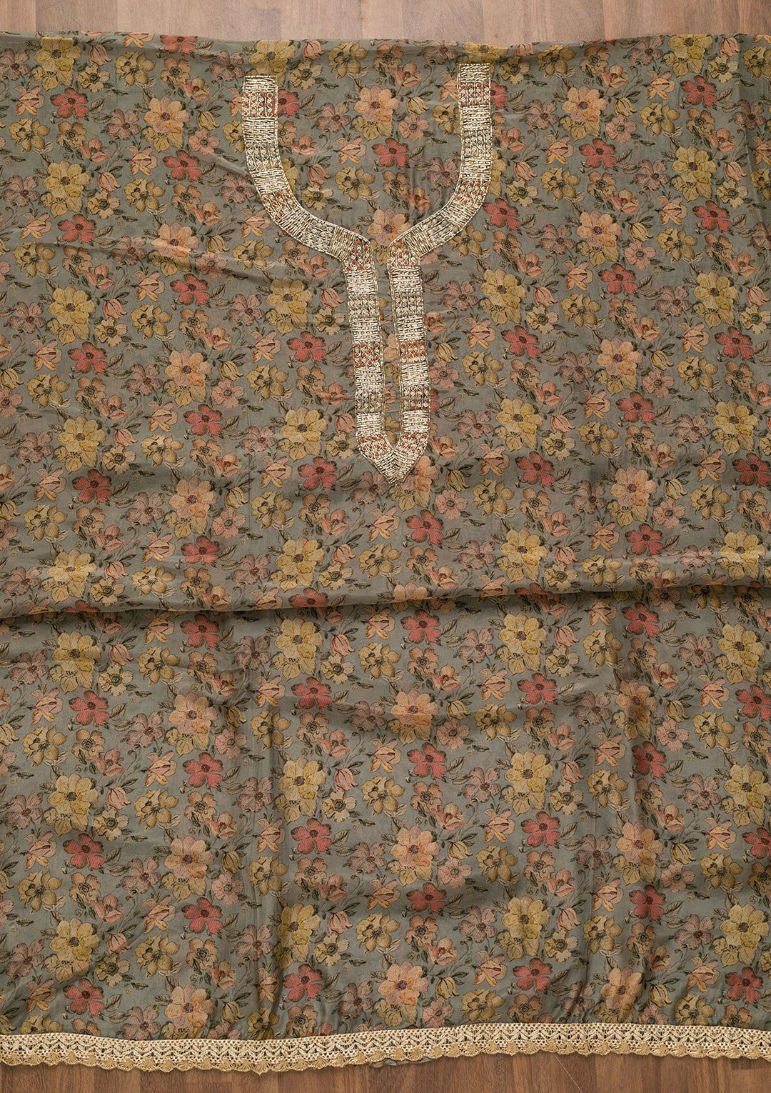 Grey Printed Organza Unstitched Salwar Kameez-Koskii